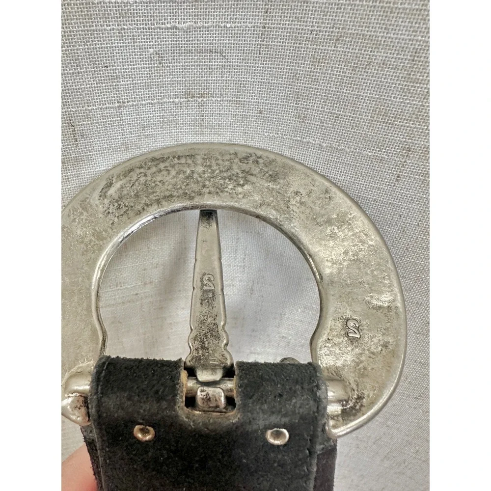 Vintage‎ 90s Black Suede Boho Belt Silver Crescent Buckle Crystal Detail Gypsy